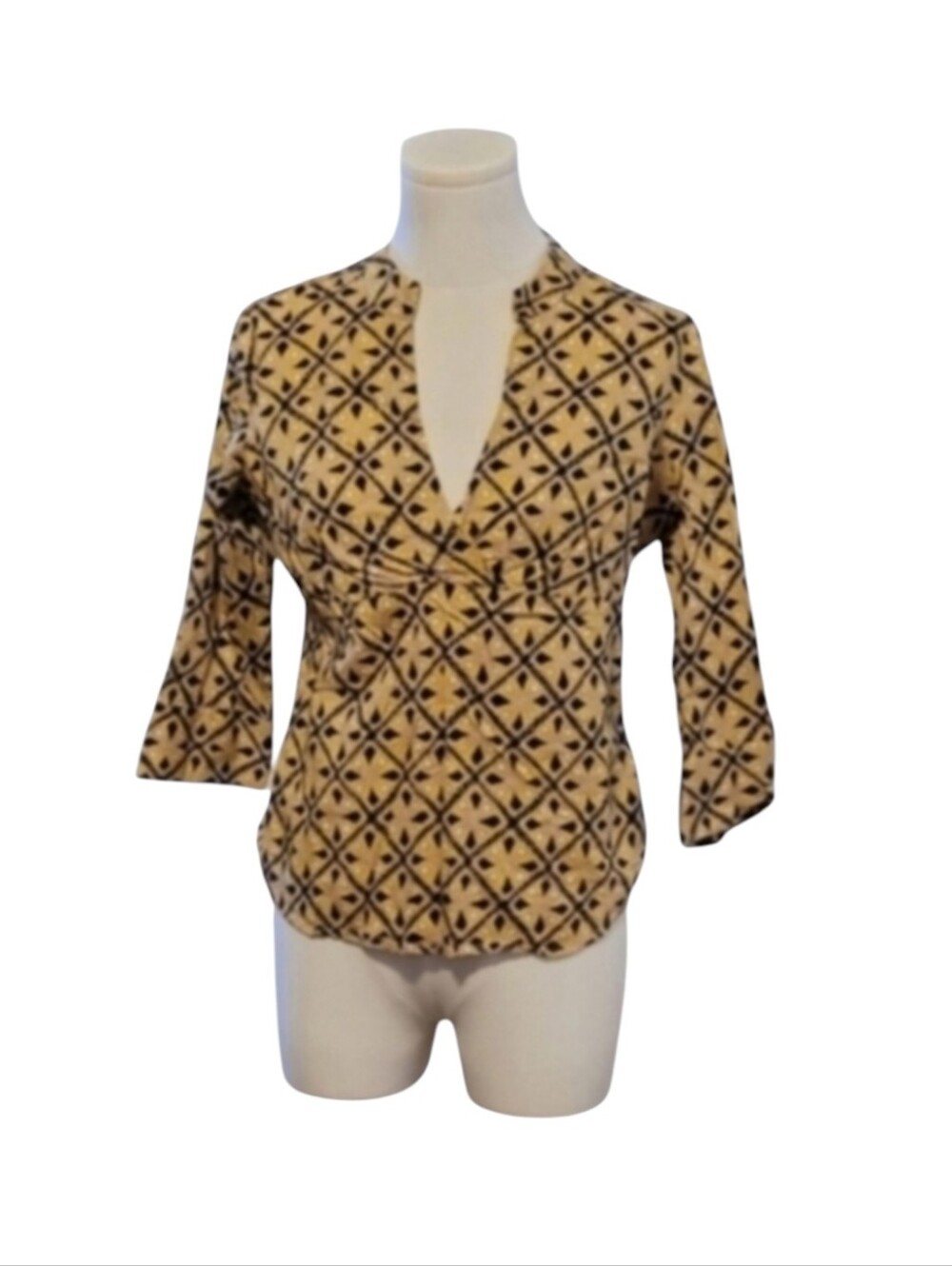 Talbot's Petite Cheerful Yellow Navy Blue Three Quarter Sleeve Blouse Size Small